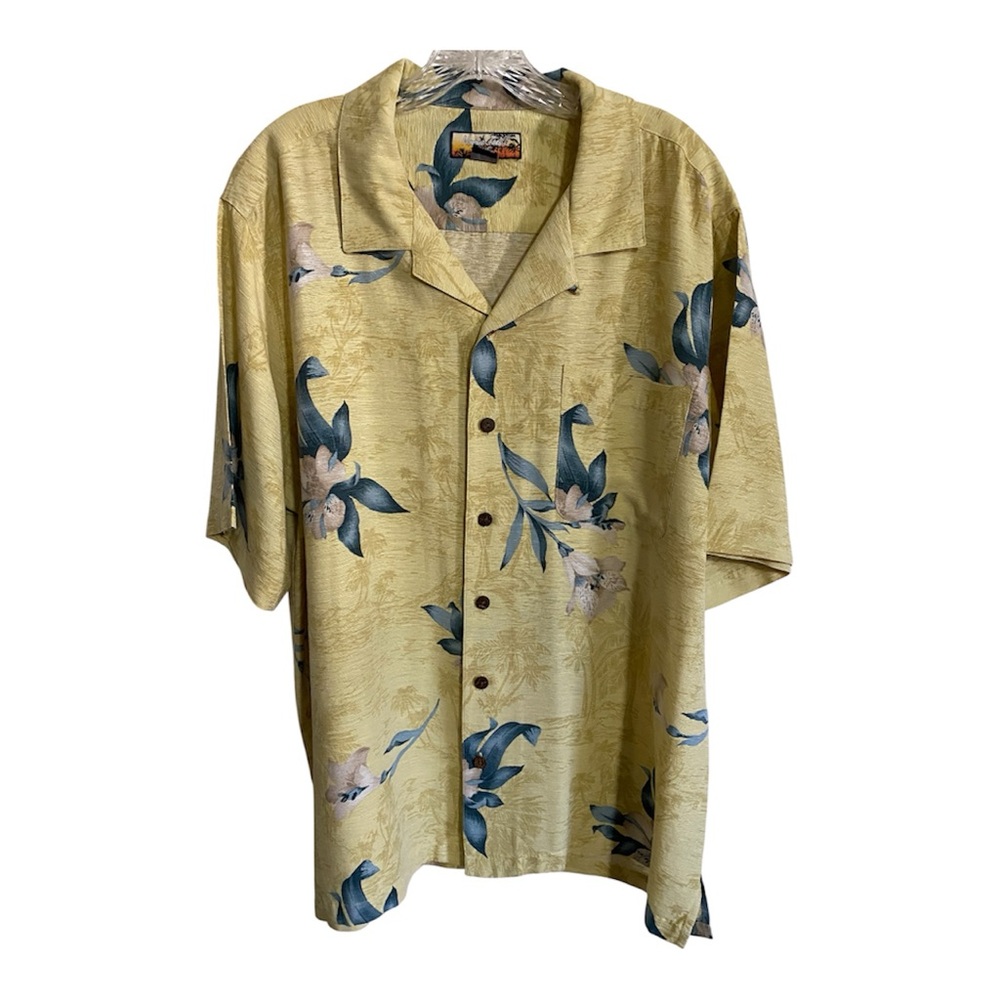 Havana Jacks Cafe Hawaiian Shirt Size XL Yellow Short Sleeve Button Up Silk EUC